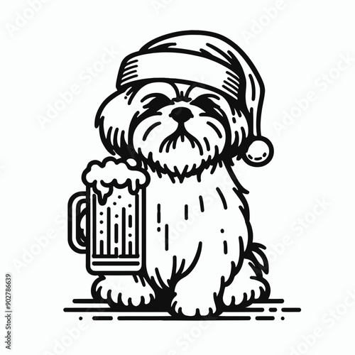  Shih Tzu Dog wear santa claus hat tangled wrap around with Christmas lights holding a beer mug in christmas party   