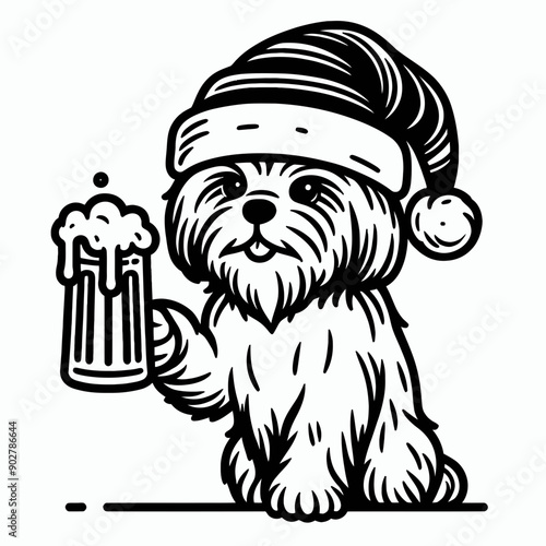  Shih Tzu Dog wear santa claus hat tangled wrap around with Christmas lights holding a beer mug in christmas party   