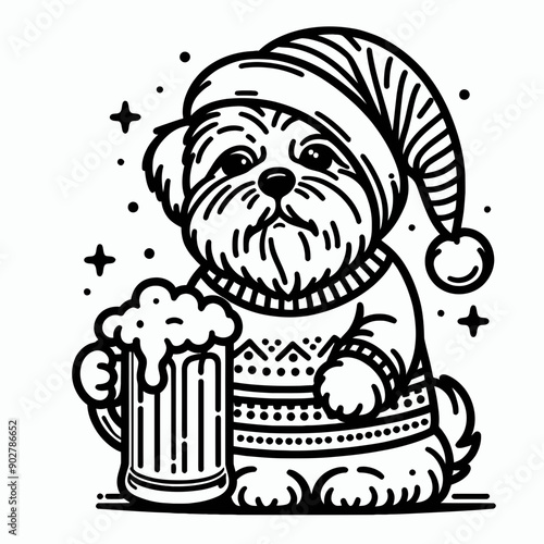  Shih Tzu Dog wear santa claus hat tangled wrap around with Christmas lights holding a beer mug in christmas party   