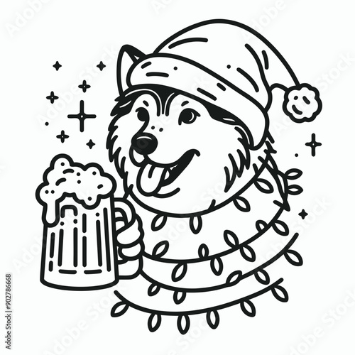  Siberian Husky Dog wear santa claus hat tangled wrap around with Christmas lights holding a beer mug in christmas party   