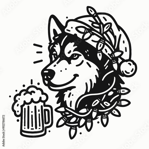  Siberian Husky Dog wear santa claus hat tangled wrap around with Christmas lights holding a beer mug in christmas party   