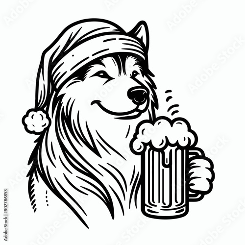  Siberian Husky Dog wear santa claus hat tangled wrap around with Christmas lights holding a beer mug in christmas party   
