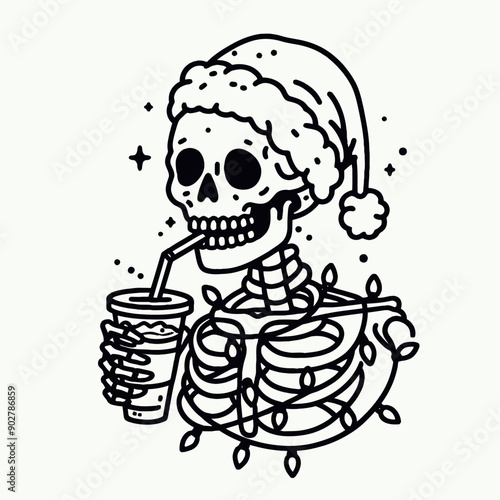  Skeleton wear santa claus hat tangled wrap around with Christmas lights holding a beer mug in christmas party   