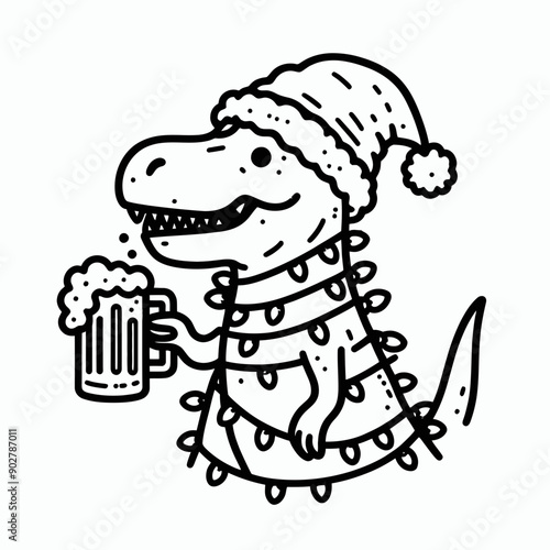  T rex wear santa claus hat tangled wrap around with Christmas lights holding a beer mug in christmas party   