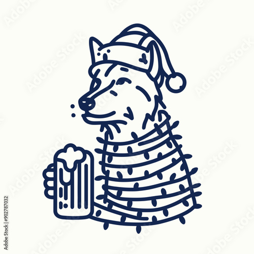  Wolf wear santa claus hat tangled wrap around with Christmas lights holding a beer mug in christmas party   