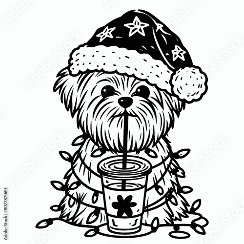  Yorkshire Terrier Dog wear santa claus hat tangled wrap around with Christmas lights holding a beer mug in christmas party   