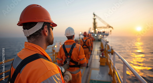 Offshore Oil Rig Workers at Sunset. Oil rig workers in safety gear on an offshore platform at sunset, highlighting the demanding nature and beauty of industrial work.