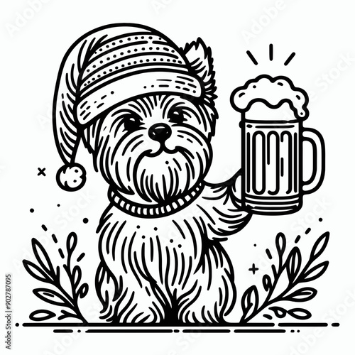  Yorkshire Terrier Dog wear santa claus hat tangled wrap around with Christmas lights holding a beer mug in christmas party   