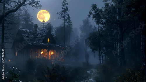 A haunted house in a dark forest, with a glowing moon and mist creating an otherworldly atmosphere photo