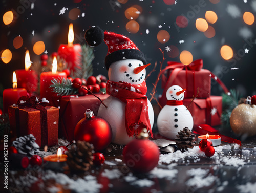 A snowman surrounded by Christmas gifts, candles and decorations