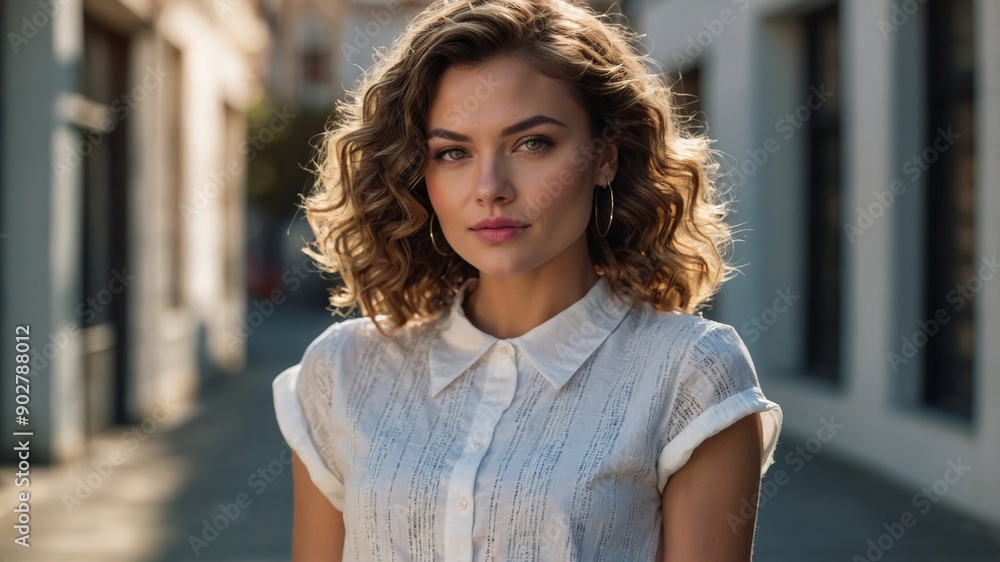 Fototapeta premium Confident Woman with Curly Hair in Urban Setting 