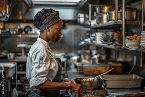 A woman is preparing food in a pot in a modern kitchen setting