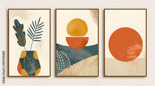 A set of three Abstract Wall art. Creative minimalist hand painted Abstract art background with watercolor stain and Hand Drawn doodle Scribble Circle. Design for wall decoration, postcard, poster