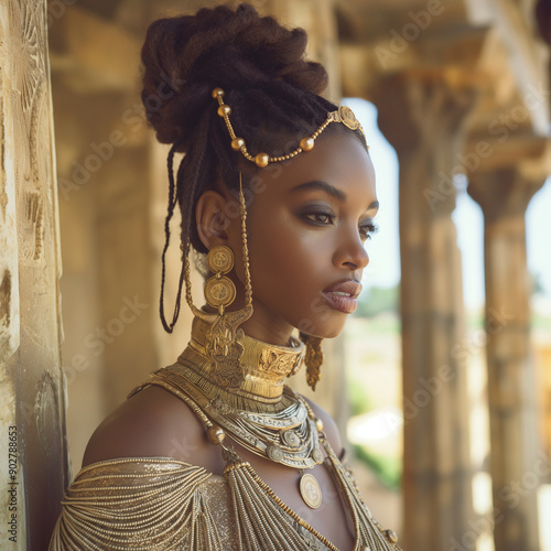 A beautiful black woman with an updo hairstyle,gold jewelry and a golden dress, standing in front of ancient Greek architecture. 