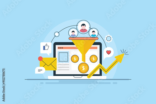 High performance target ads sales funnel generates leads and conversion optimization business strategy technology concept, vector illustration.