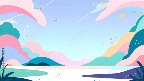 Pastel colored landscape featuring majestic mountains, fluffy clouds, twinkling stars, and a solitary bird flying. Perfect for dreamy designs. 1