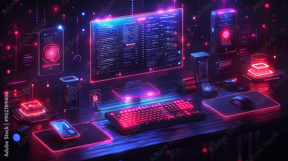 vector, illustration, Computer technology isometric illustration. PC, laptop, phone on desk, tech symbols, design elements of apps, development environment of programming software of mobile, desktop c vector, illustration, Computer technology isometric illustration. PC, laptop, phone on desk, tech symbols, design elements of apps, development environment of programming software of mobile, desktop c