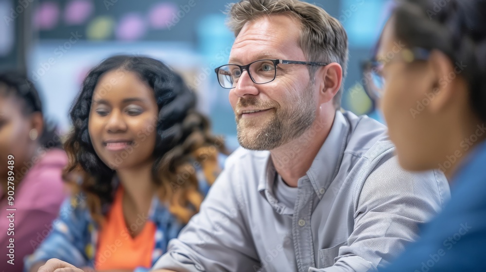 A Caucasian teacher and diverse group of adult students in a nighttime class A Caucasian teacher and diverse group of adult students in a nighttime class