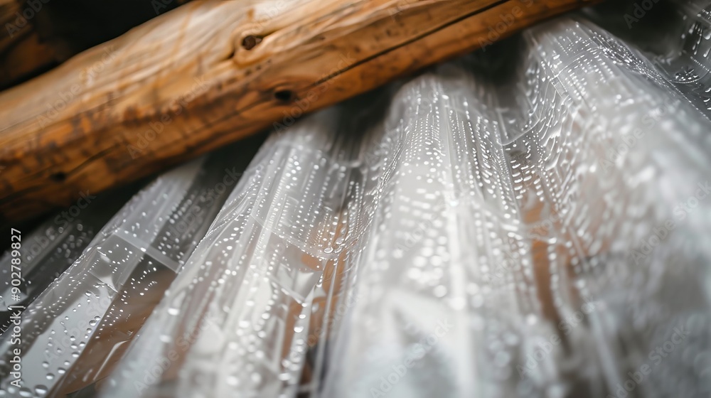 A leaking roof inside a rustic cabin, with plastic sheeting and duct tape used to patch the hole, raindrops visible through the transparent plastic A leaking roof inside a rustic cabin, with plastic sheeting and duct tape used to patch the hole, raindrops visible through the transparent plastic