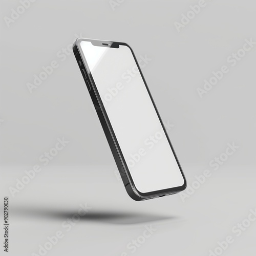 Mobile phone standing in the air with an angle, smartphone mockup template with blank touch screen photo