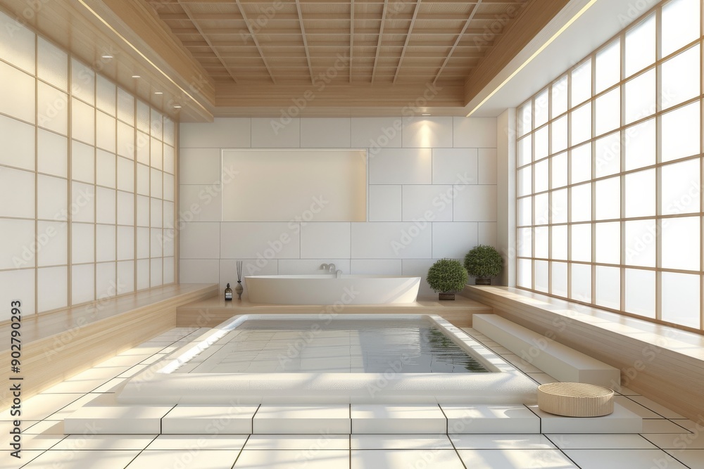 Modern Japanese bathroom with a serene ambiance featuring a soaking tub and elegant decor Modern Japanese bathroom with a serene ambiance featuring a soaking tub and elegant decor