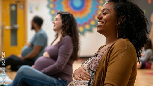 A diverse group of pregnant women attending a prenatal class in a community center photo