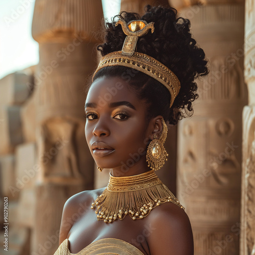 A beautiful black woman with an updo hairstyle,gold jewelry and a golden dress, standing in front of ancient Greek architecture. 