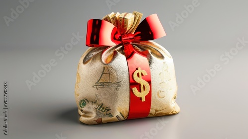 A decorative money bag tied with a red ribbon, symbolizing wealth and prosperity in a stylish and elegant design.