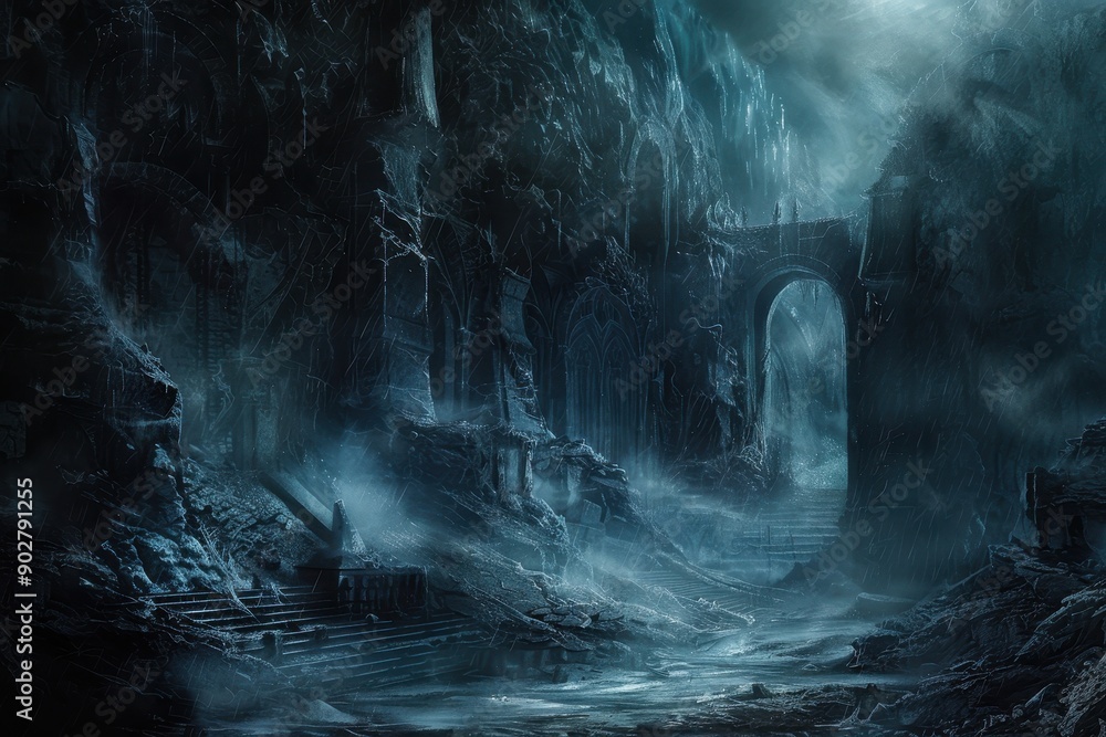 Fototapeta premium Ancient castle ruins shrouded in mist and moonlight