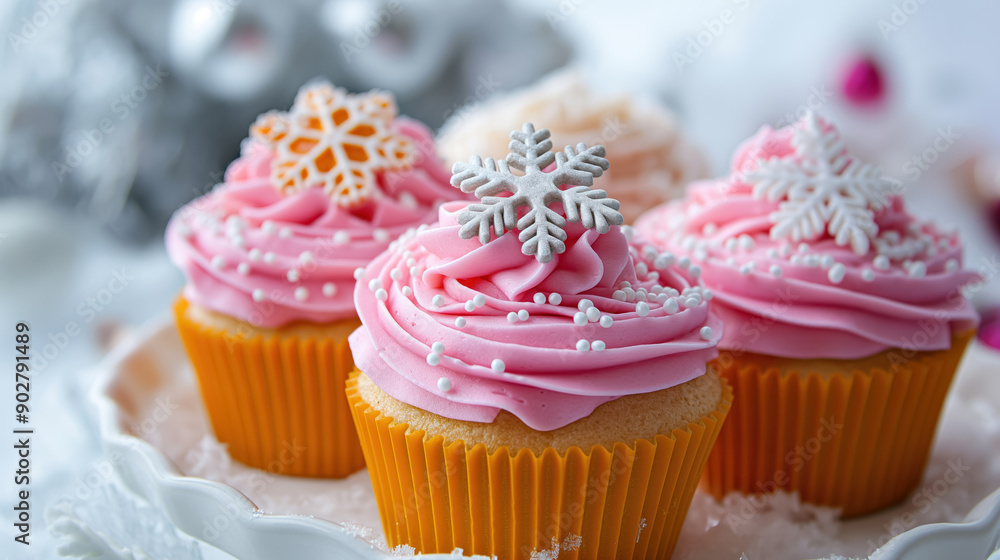 beautiful cupcakes with pastel pink puce color and snowflakes decoration for christmas sweets beautiful cupcakes with pastel pink puce color and snowflakes decoration for christmas sweets