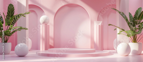 A product display stand. Pink and white minimalist stage design, pink background wall with arches at the top of two columns on both sides
