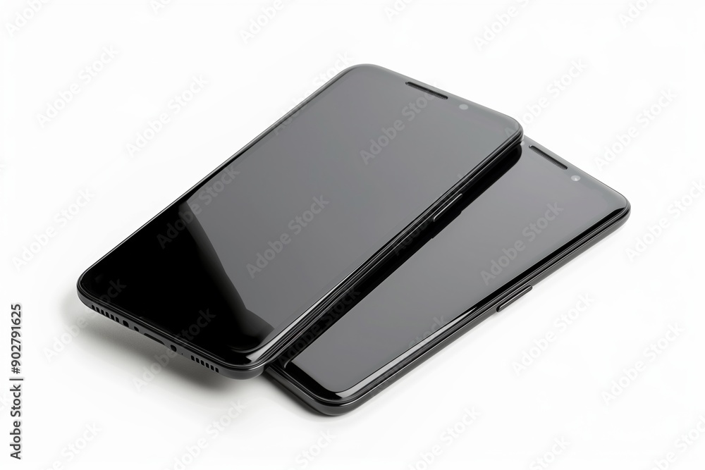 Two sleek black smartphones with a glossy finish placed overlapping each other on a white background. Two sleek black smartphones with a glossy finish placed overlapping each other on a white background.