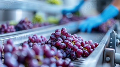 Wallpaper Mural A close-up image of vibrant purple grapes being processed on conveyor belts, showcasing the grape selection and sorting process in an industrial setting. Torontodigital.ca
