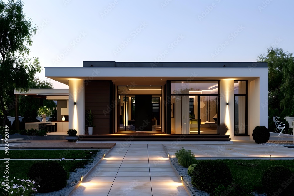 Modern House Exterior Design With Stone Pathway and Landscape Modern House Exterior Design With Stone Pathway and Landscape