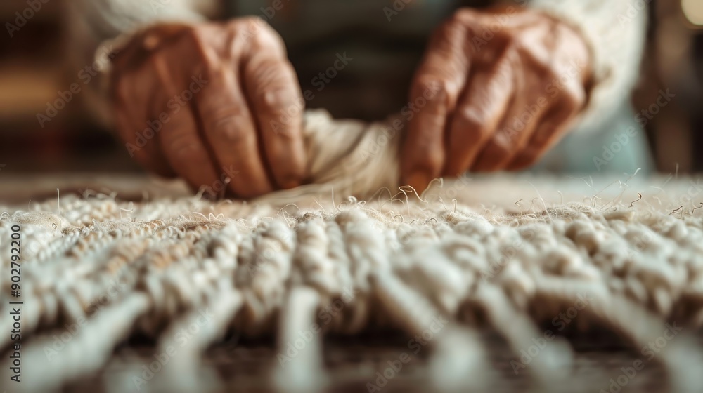 A detailed look at experienced hands engaged in weaving with white yarn, emphasizing the meticulous nature and traditional techniques of creating handcrafted textiles, full of dedication. A detailed look at experienced hands engaged in weaving with white yarn, emphasizing the meticulous nature and traditional techniques of creating handcrafted textiles, full of dedication.