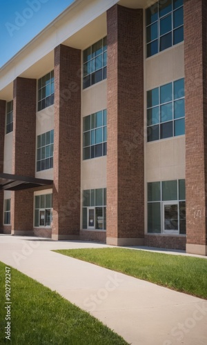 A modern, red brick elementary school building with a welcoming entrance.