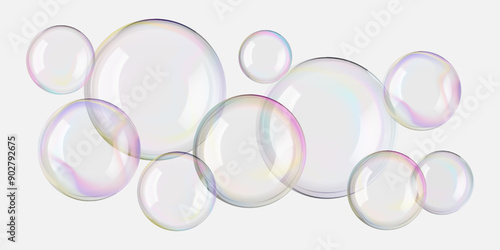 Soap 3d bubble vector set of sphere and circle. Glass foam float on black. Rainbow gradient ball flare, liquid drop air blown. Reflect white lights. Realistic shampoo, purified clean and clear water