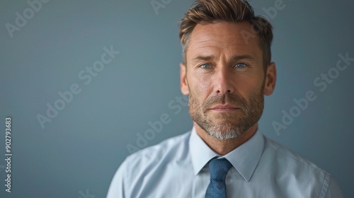 Confident Businessman: A portrait of a determined businessman with a serious expression, looking directly at the camera.