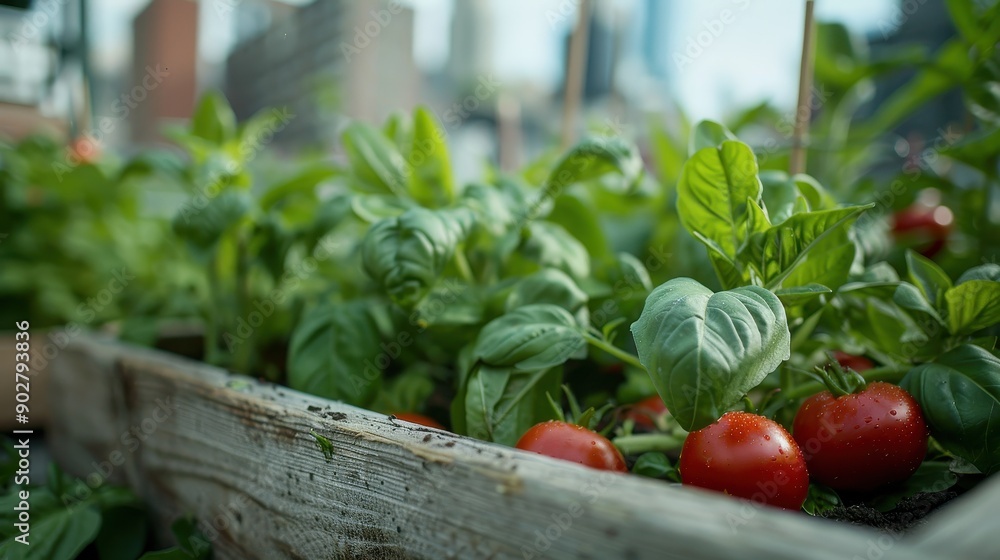Vibrant and healthy tomatoes and basil plants grow in a wooden garden box with an urban cityscape blurred in the background, representing urban gardening and sustainability. Vibrant and healthy tomatoes and basil plants grow in a wooden garden box with an urban cityscape blurred in the background, representing urban gardening and sustainability.