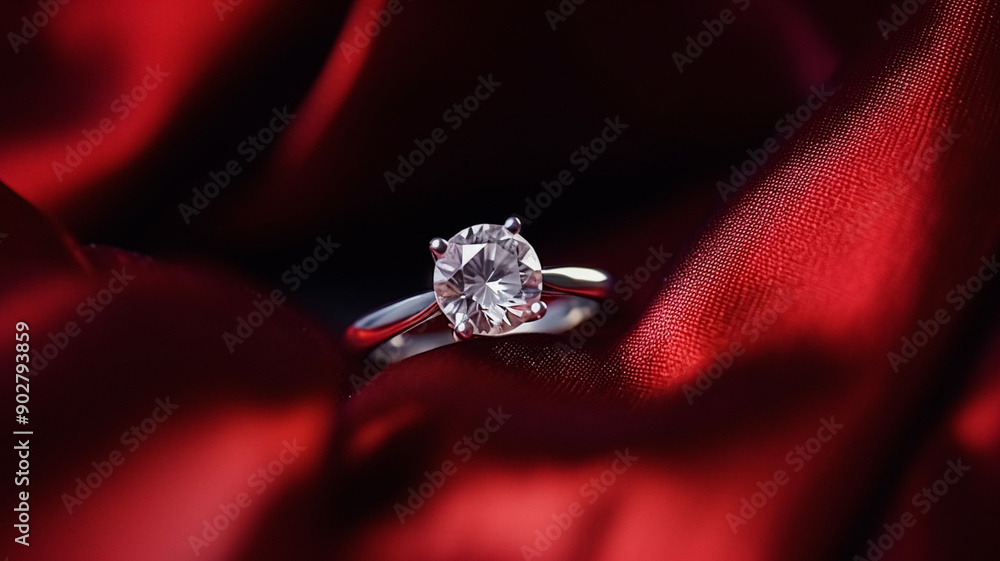 Obraz premium Jewellery, proposal and holiday gift, diamond engagement ring on red silk fabric, symbol of love, romance and commitment inspiration