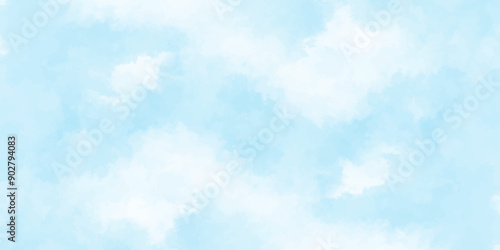 blue sky with clouds. Light sky blue shades watercolor background. Sky Nature Landscape Background. sky background with white fluffy clouds.><	
