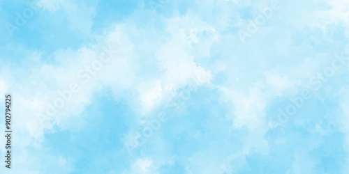 blue sky with clouds. Light sky blue shades watercolor background. Sky Nature Landscape Background. sky background with white fluffy clouds.><	
