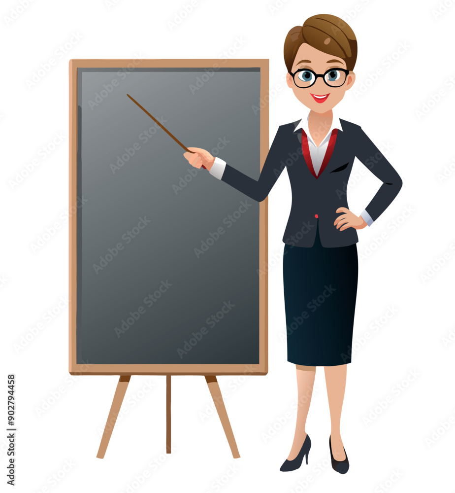 Smiling teacher woman pointing at blank blackboard with pointer stick Smiling teacher woman pointing at blank blackboard with pointer stick