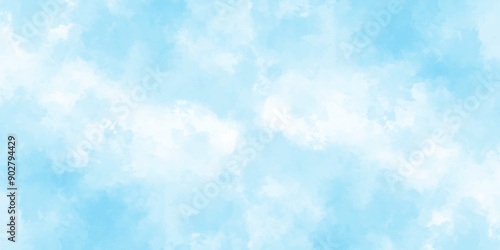 blue sky with clouds. Light sky blue shades watercolor background. Sky Nature Landscape Background. sky background with white fluffy clouds.><	