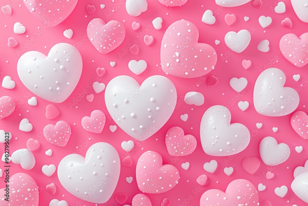 A collection of white and pink hearts arranged on a pink background A collection of white and pink hearts arranged on a pink background