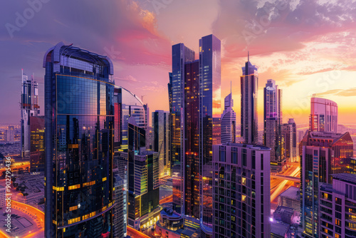 Aerial view of vibrant cityscape with illuminated skyscrapers against dramatic sunset sky. Office buildings in downtown and glowing city streets in the night. Nightlife of modern metropolis