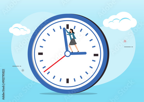 Businesswoman standing on clock hour hand