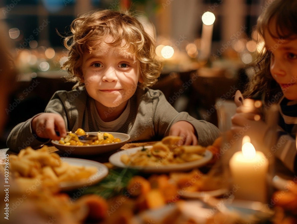 A Joyful Festive Dinner with Children Sharing and Smiling A Joyful Festive Dinner with Children Sharing and Smiling