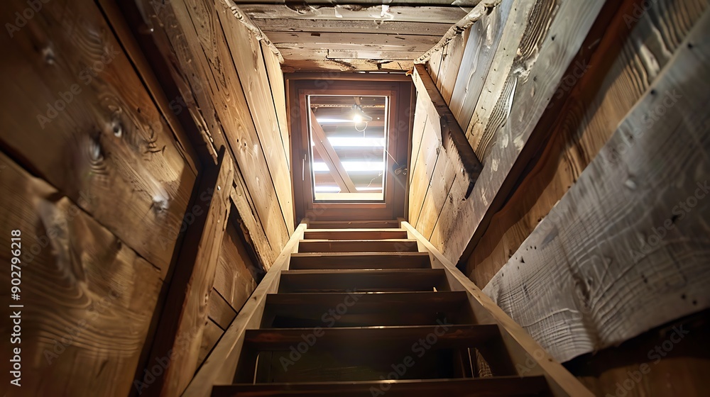 Folding metal stairs to the attic in the ceiling closed hatch with a tube for opening modern look Folding metal stairs to the attic in the ceiling closed hatch with a tube for opening modern look