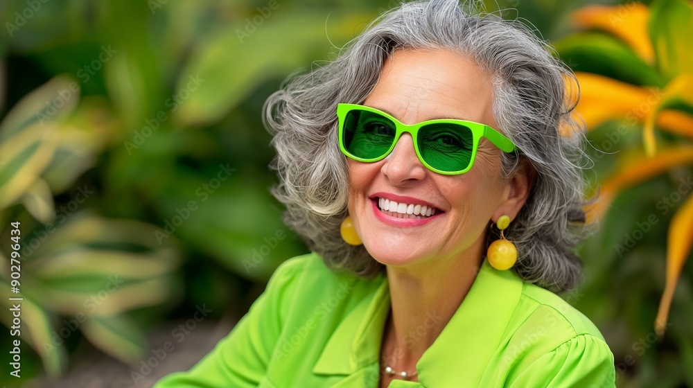 A woman wearing green sunglasses and yellow earrings is smiling. She is wearing a green shirt and is sitting in a garden A woman wearing green sunglasses and yellow earrings is smiling. She is wearing a green shirt and is sitting in a garden